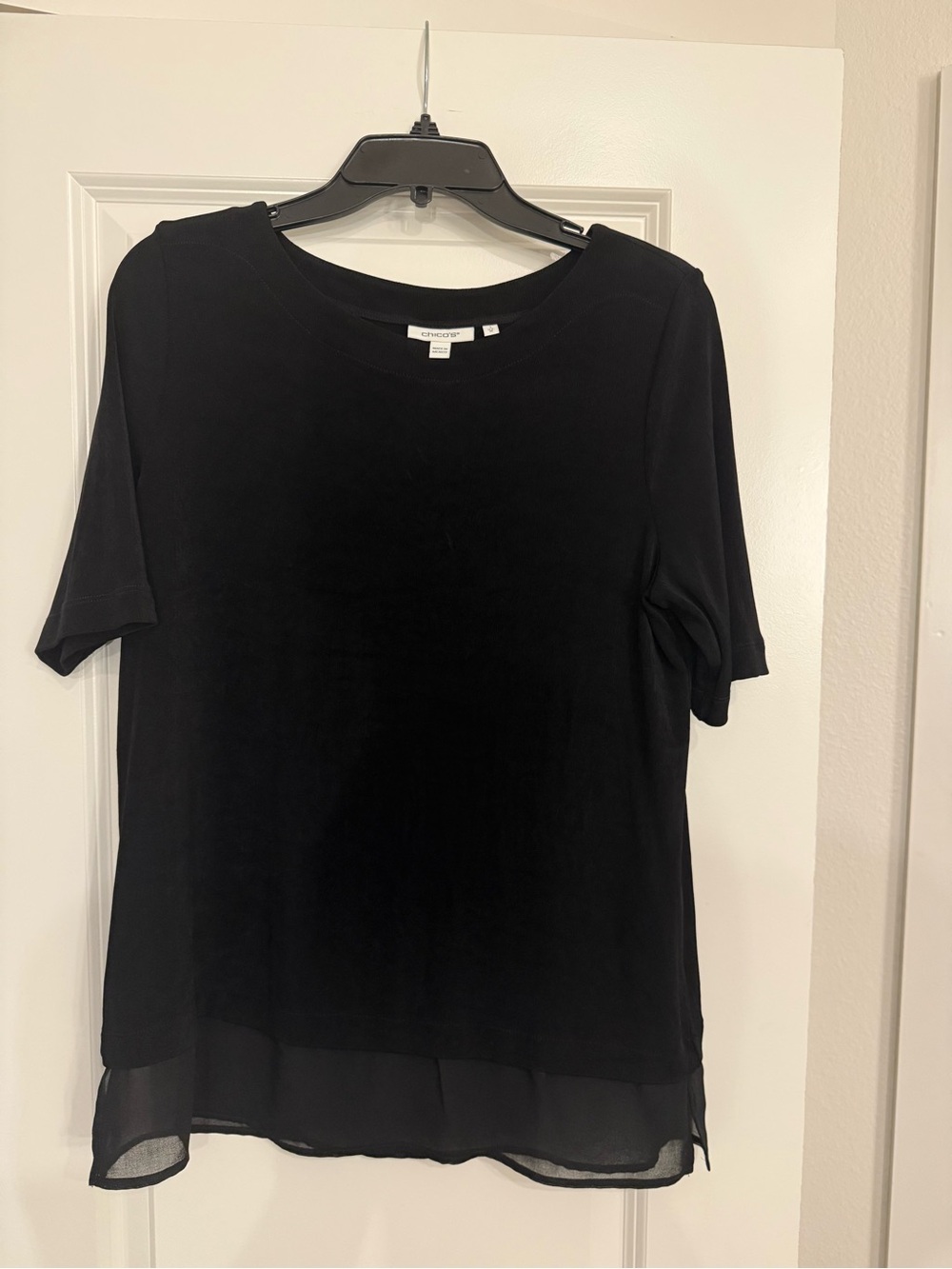 Chico's Black Short Sleeve Mixed-Fabric Top